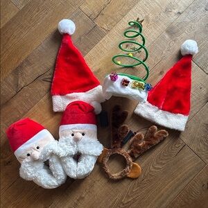 🎄Christmas Bundle 2 Santa Hats, 1 Tree Hat, 1 Antlers Headband & Santa Slippers